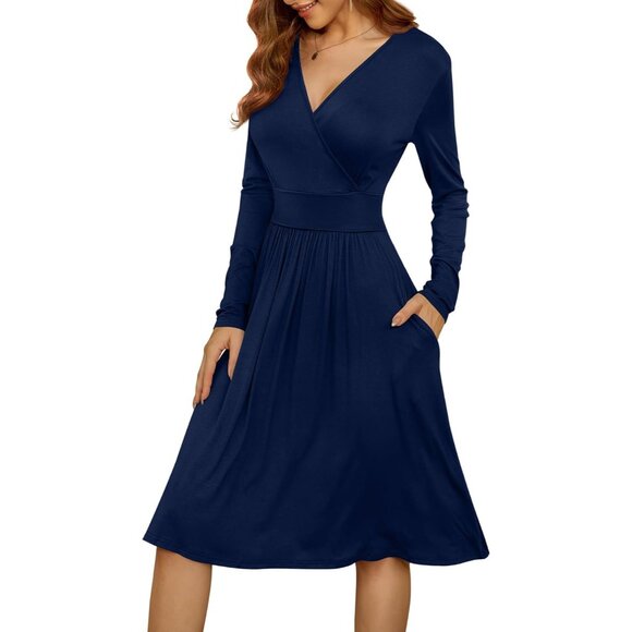 Women Long Sleeve Navy Blue Short Sleeve V-Neck Floral Party Dress with Pockets - Picture 3 of 6